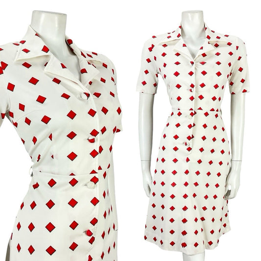 VTG 60S 70S RED WHITE GEOMETRIC SQUARE DAGGER NOTCH LAPEL SHIRT DRESS 8 10 S