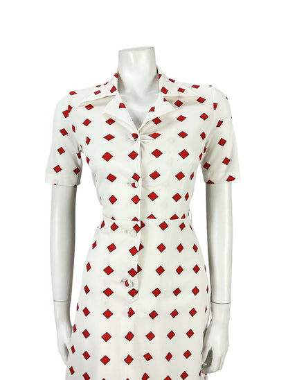 VTG 60S 70S RED WHITE GEOMETRIC SQUARE DAGGER NOTCH LAPEL SHIRT DRESS 8 10 S