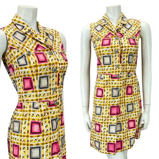 VTG 60S 70S YELLOW PINK GREY GEOMETRIC MOD PLEAT COTOTN SHIRT DRESS XS 6