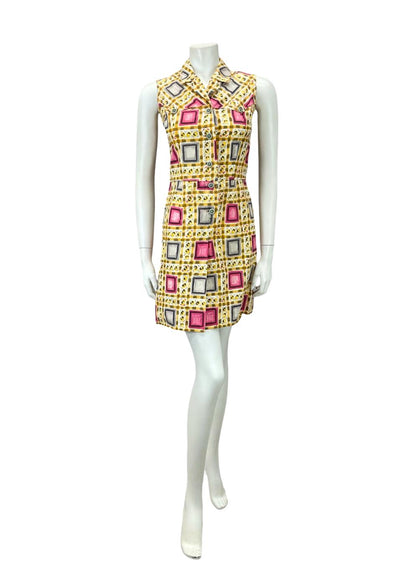 VTG 60S 70S YELLOW PINK GREY GEOMETRIC MOD PLEAT COTOTN SHIRT DRESS XS 6