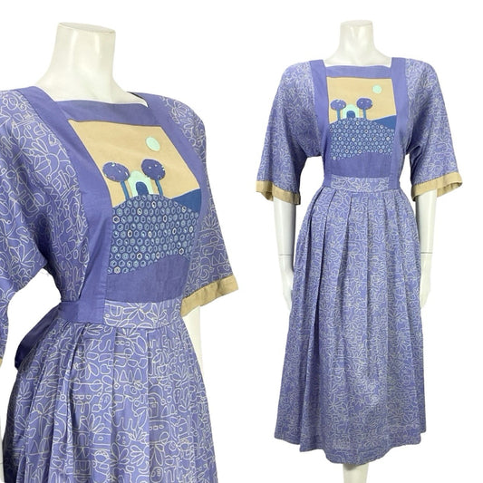 VTG 70S PURPLE BEIGE GEOMETRIC BOHO LANDSCAPE APPLIQUE SMOCK PLEATED DRESS 12