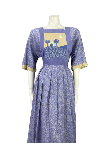 VTG 70S PURPLE BEIGE GEOMETRIC BOHO LANDSCAPE APPLIQUE SMOCK PLEATED DRESS 12