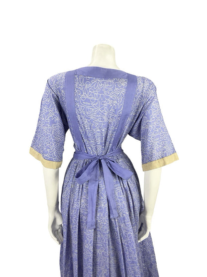 VTG 70S PURPLE BEIGE GEOMETRIC BOHO LANDSCAPE APPLIQUE SMOCK PLEATED DRESS 12