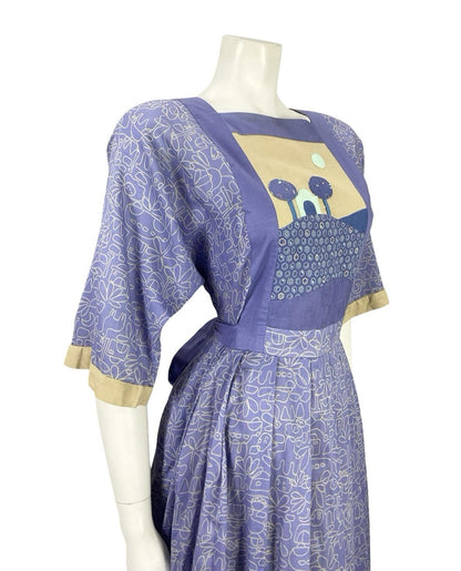 VTG 70S PURPLE BEIGE GEOMETRIC BOHO LANDSCAPE APPLIQUE SMOCK PLEATED DRESS 12