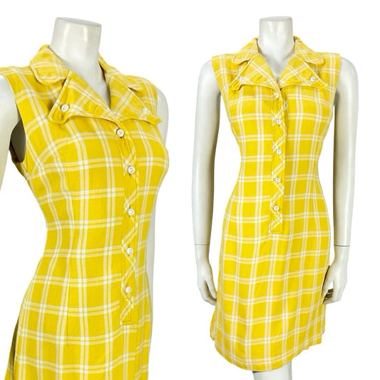 VTG 60S YELLOW WHITE PLAID MOD SHIFT DAGGER NOTCH LAPEL MINI SHIRT DRESS 10