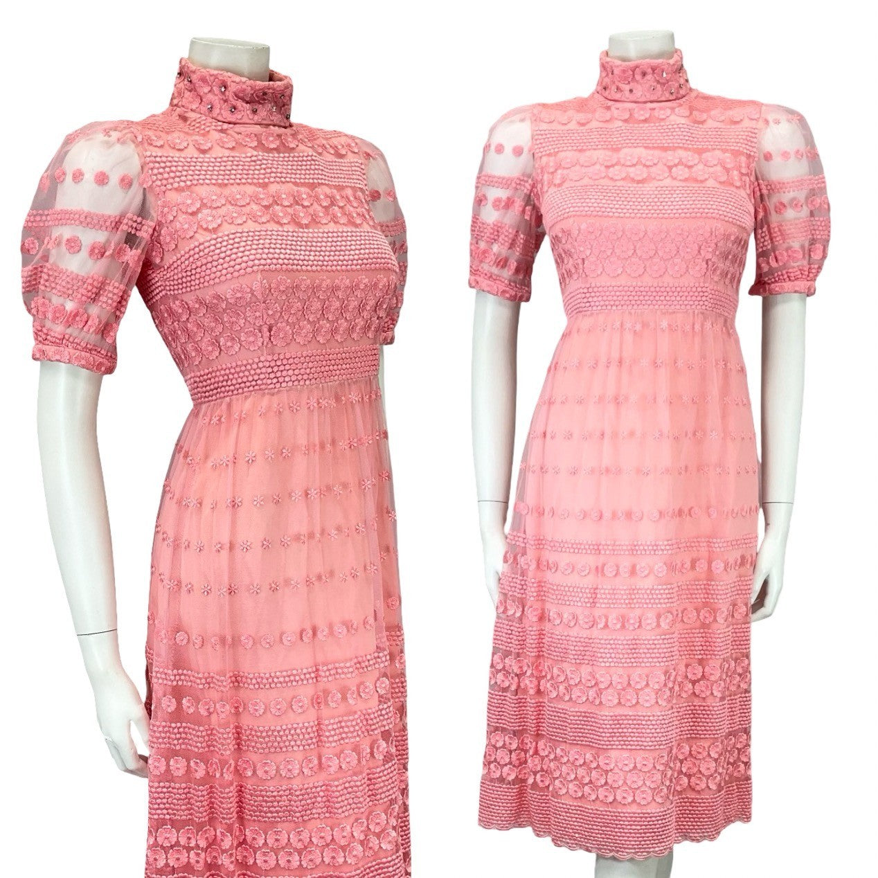 VTG 60S PINK LACE SATIN MOD FUNNEL NECK DIAMANTE FLORAL PUFF SLEEVE DRESS 4
