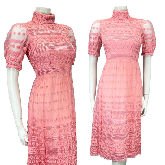 VTG 60S PINK LACE SATIN MOD FUNNEL NECK DIAMANTE FLORAL PUFF SLEEVE DRESS 4