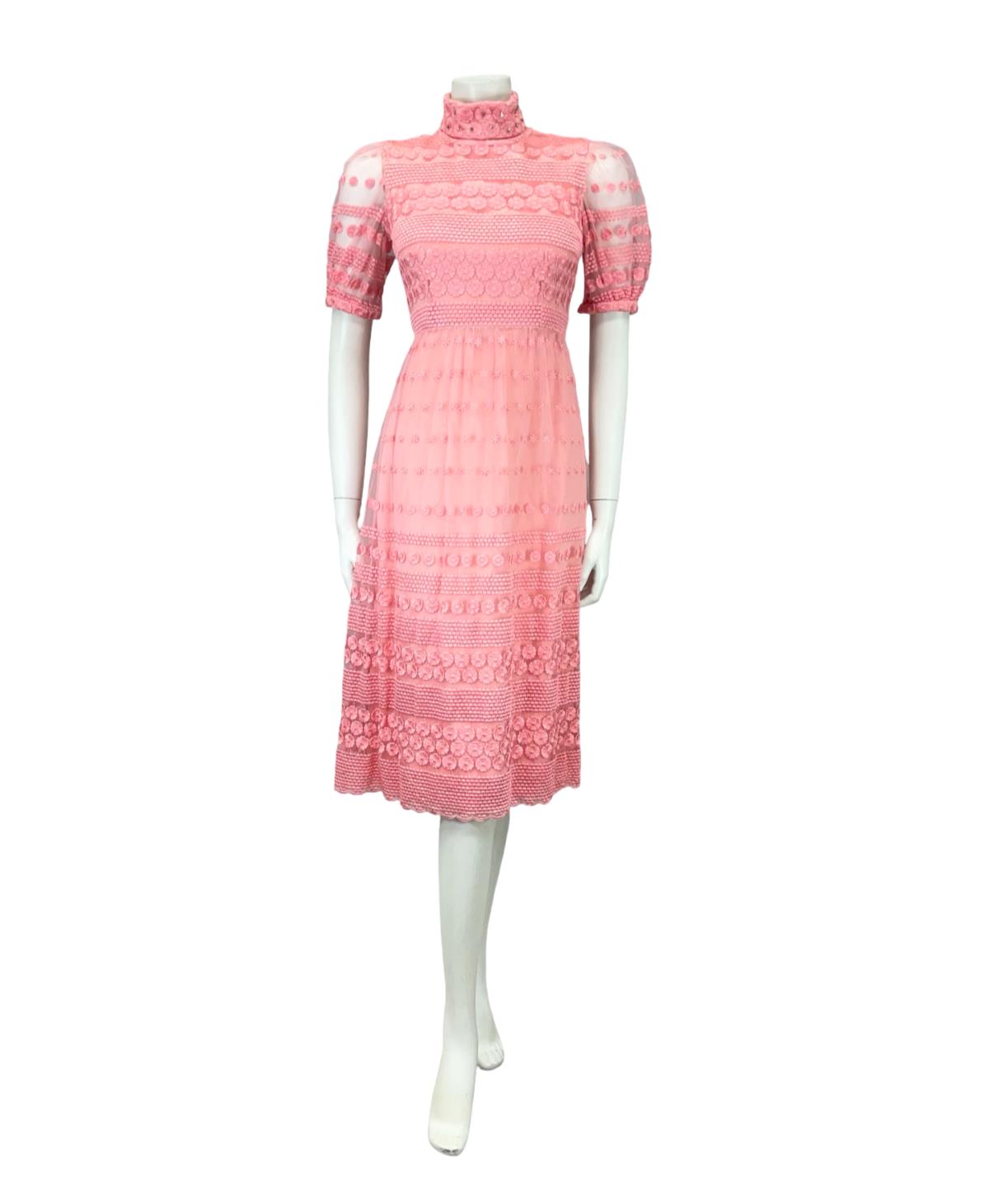 VTG 60S PINK LACE SATIN MOD FUNNEL NECK DIAMANTE FLORAL PUFF SLEEVE DRESS 4