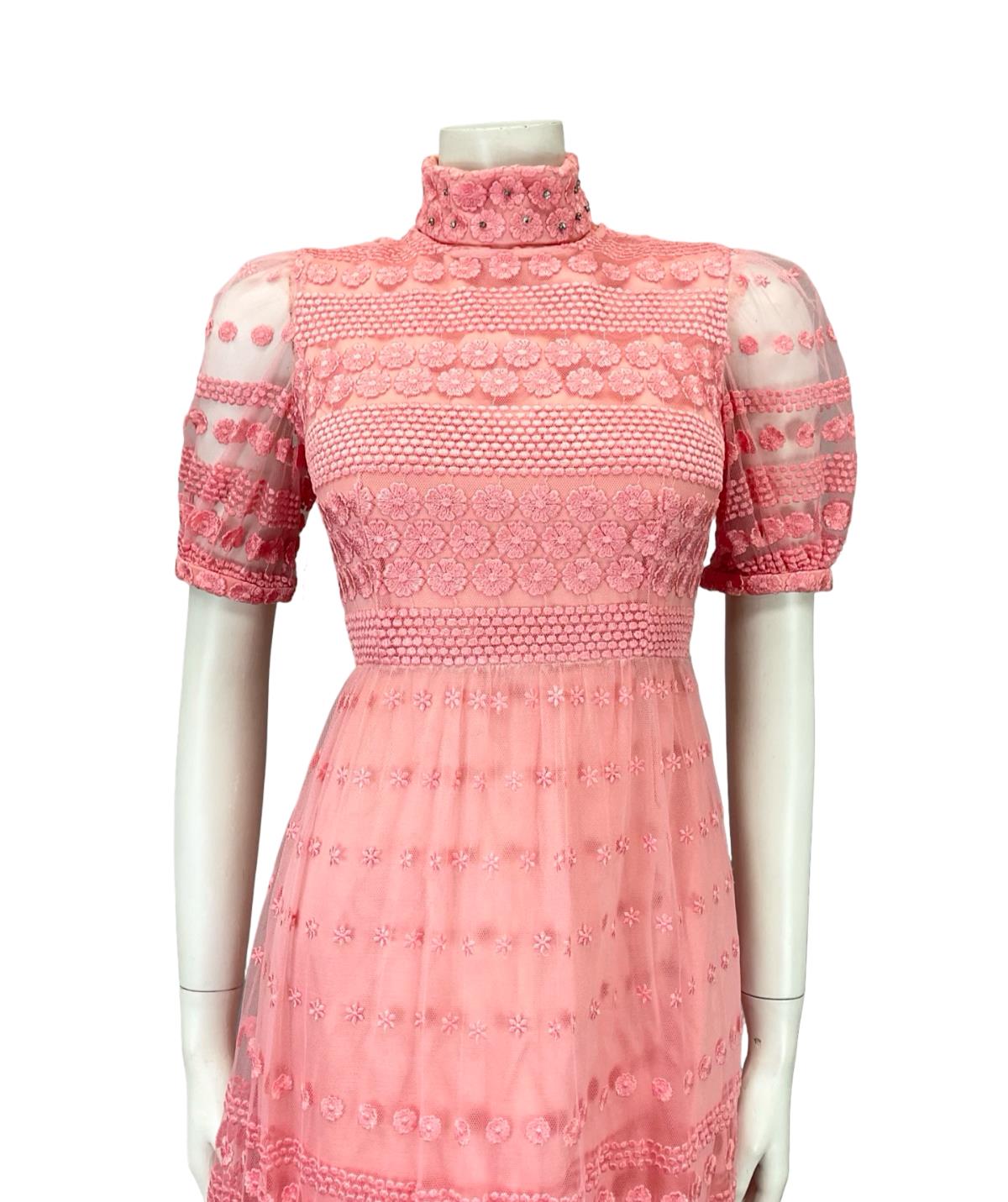 VTG 60S PINK LACE SATIN MOD FUNNEL NECK DIAMANTE FLORAL PUFF SLEEVE DRESS 4