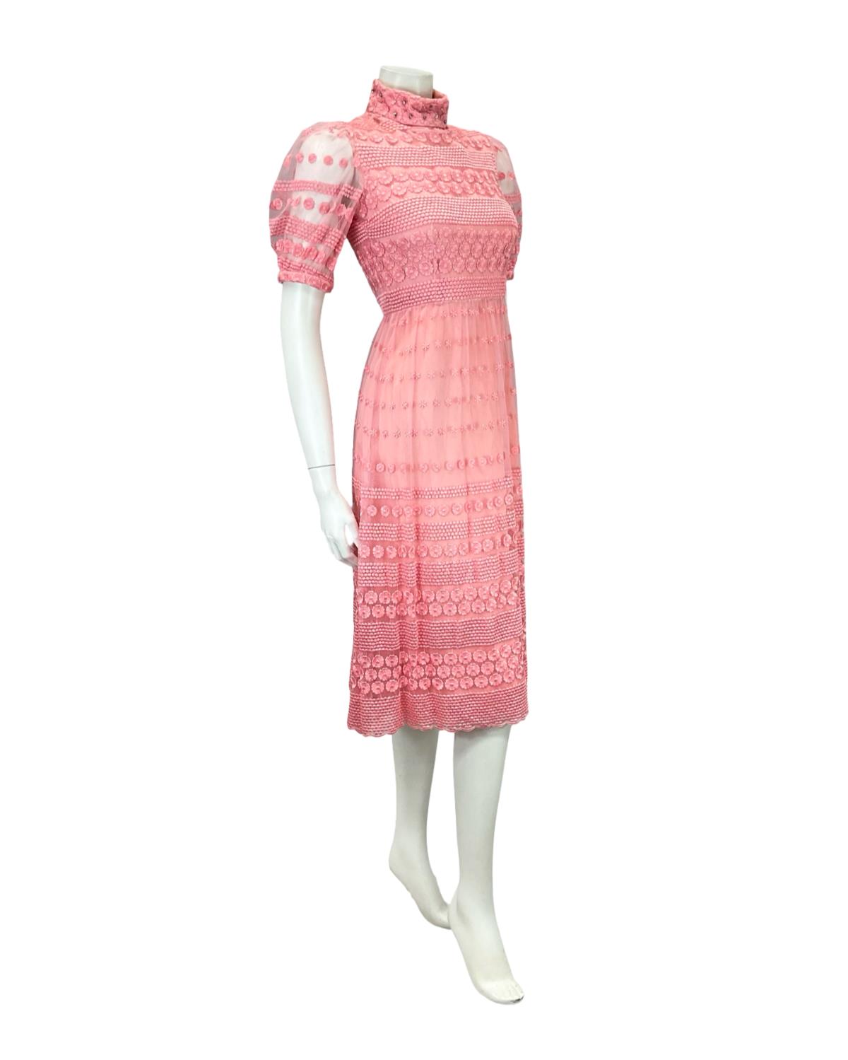 VTG 60S PINK LACE SATIN MOD FUNNEL NECK DIAMANTE FLORAL PUFF SLEEVE DRESS 4