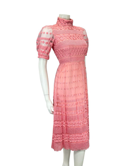 VTG 60S PINK LACE SATIN MOD FUNNEL NECK DIAMANTE FLORAL PUFF SLEEVE DRESS 4