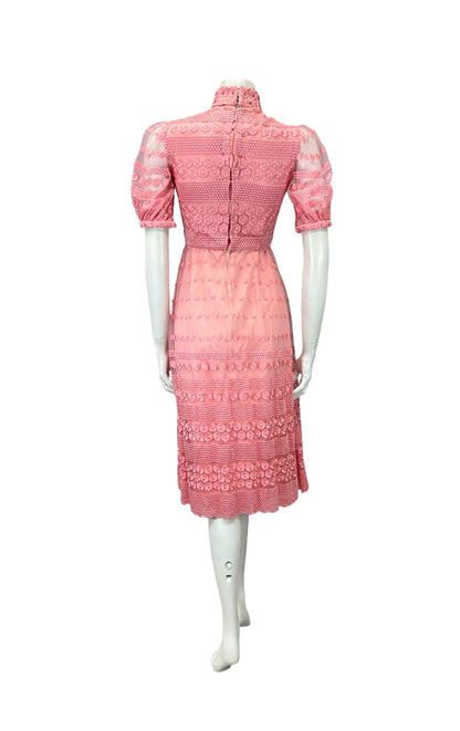 VTG 60S PINK LACE SATIN MOD FUNNEL NECK DIAMANTE FLORAL PUFF SLEEVE DRESS 4