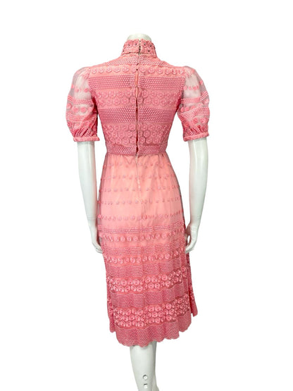 VTG 60S PINK LACE SATIN MOD FUNNEL NECK DIAMANTE FLORAL PUFF SLEEVE DRESS 4