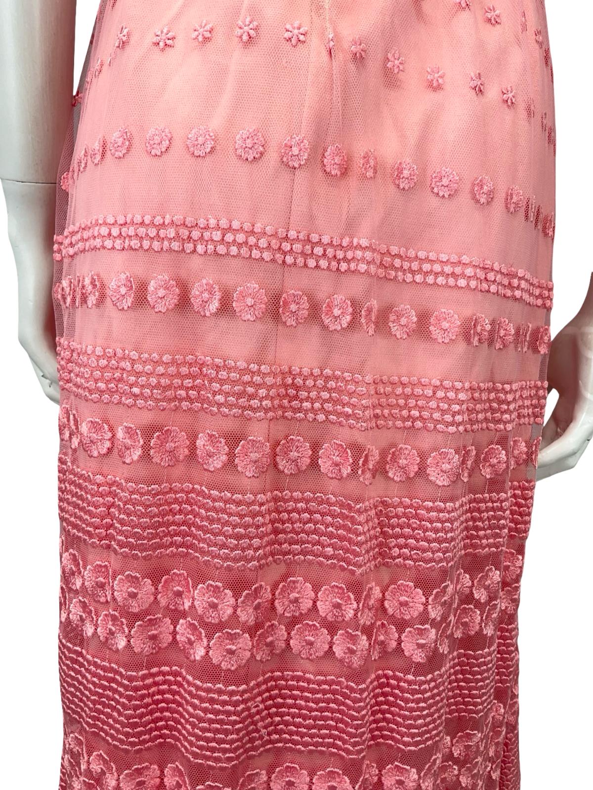 VTG 60S PINK LACE SATIN MOD FUNNEL NECK DIAMANTE FLORAL PUFF SLEEVE DRESS 4