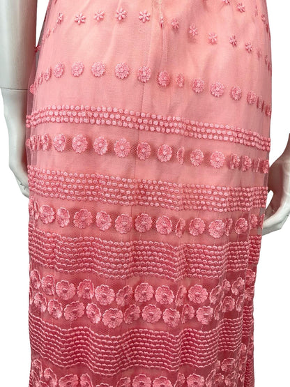 VTG 60S PINK LACE SATIN MOD FUNNEL NECK DIAMANTE FLORAL PUFF SLEEVE DRESS 4