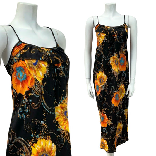 VTG 70S BLACK ORANGE BLUE POPPY PAISLEY RUFFLE PSYCHEDELIC SUN DRESS 10