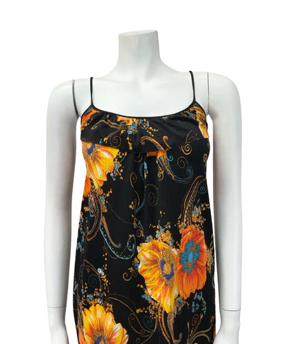 VTG 70S BLACK ORANGE BLUE POPPY PAISLEY RUFFLE PSYCHEDELIC SUN DRESS 10