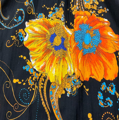 VTG 70S BLACK ORANGE BLUE POPPY PAISLEY RUFFLE PSYCHEDELIC SUN DRESS 10