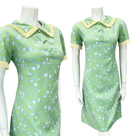 VTG 60S GREEN BLUE BEIGE WHITE PSYCHEDELIC MOD RUFFLE PETER PAN SHIFT DRESS 12