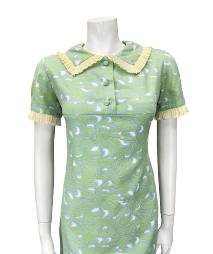 VTG 60S GREEN BLUE BEIGE WHITE PSYCHEDELIC MOD RUFFLE PETER PAN SHIFT DRESS 12