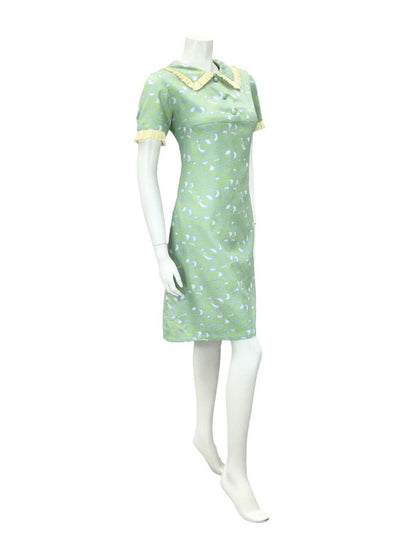 VTG 60S GREEN BLUE BEIGE WHITE PSYCHEDELIC MOD RUFFLE PETER PAN SHIFT DRESS 12
