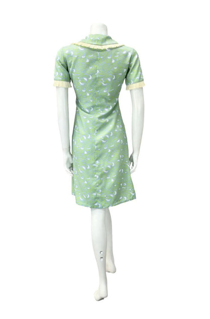 VTG 60S GREEN BLUE BEIGE WHITE PSYCHEDELIC MOD RUFFLE PETER PAN SHIFT DRESS 12