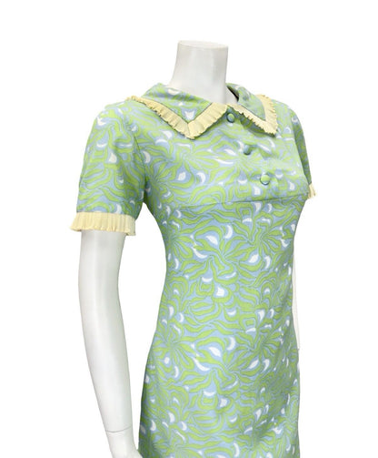 VTG 60S GREEN BLUE BEIGE WHITE PSYCHEDELIC MOD RUFFLE PETER PAN SHIFT DRESS 12