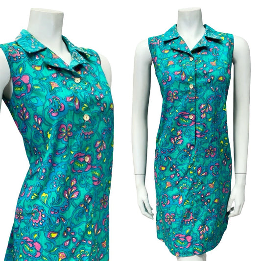 VTG 90s JAPANESE 60S INSPIRED BLUE PINK YELLOW PSYCHEDELIC FLORAL SHIFT DRESS 10