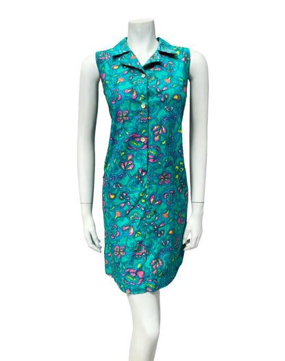 VTG 90s JAPANESE 60S INSPIRED BLUE PINK YELLOW PSYCHEDELIC FLORAL SHIFT DRESS 10