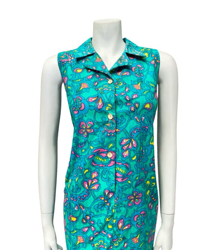 VTG 90s JAPANESE 60S INSPIRED BLUE PINK YELLOW PSYCHEDELIC FLORAL SHIFT DRESS 10