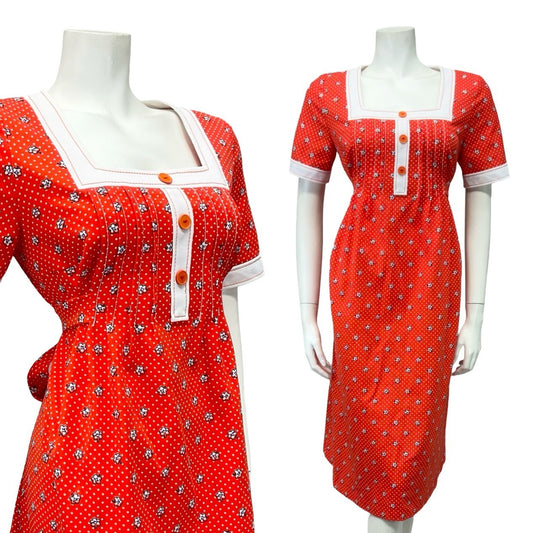VTG 70S RED WHITE EMPIRE SQUARE NECK DAISY POLKA DOT RIC RAC DRESS 14