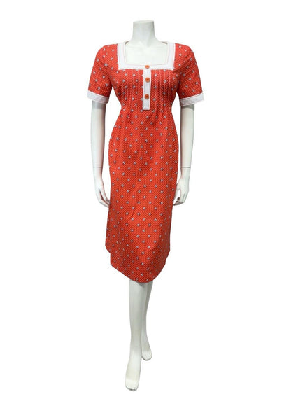 VTG 70S RED WHITE EMPIRE SQUARE NECK DAISY POLKA DOT RIC RAC DRESS 14