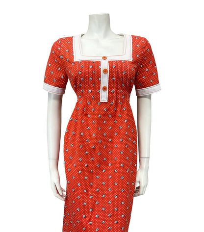 VTG 70S RED WHITE EMPIRE SQUARE NECK DAISY POLKA DOT RIC RAC DRESS 14