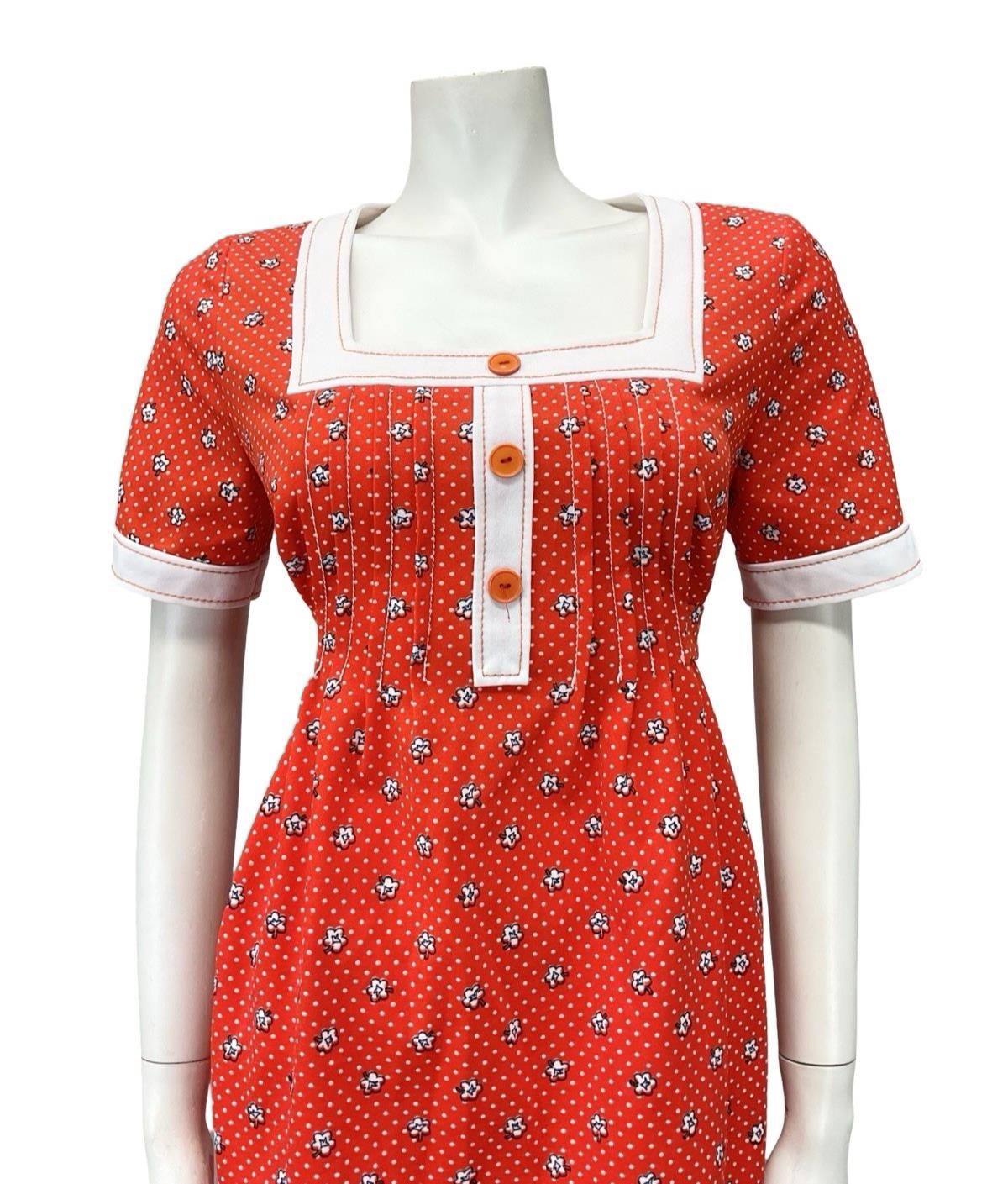VTG 70S RED WHITE EMPIRE SQUARE NECK DAISY POLKA DOT RIC RAC DRESS 14