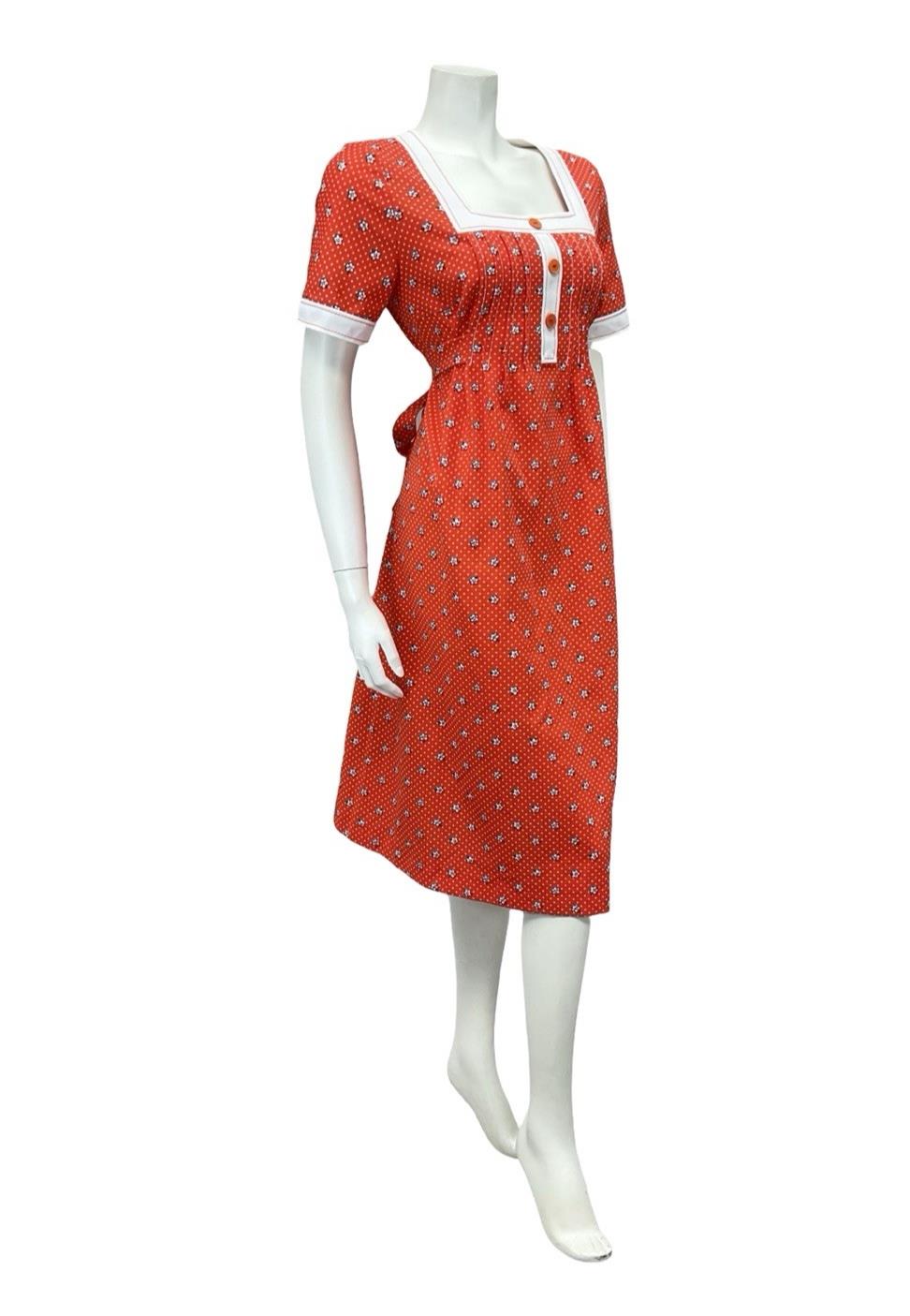 VTG 70S RED WHITE EMPIRE SQUARE NECK DAISY POLKA DOT RIC RAC DRESS 14
