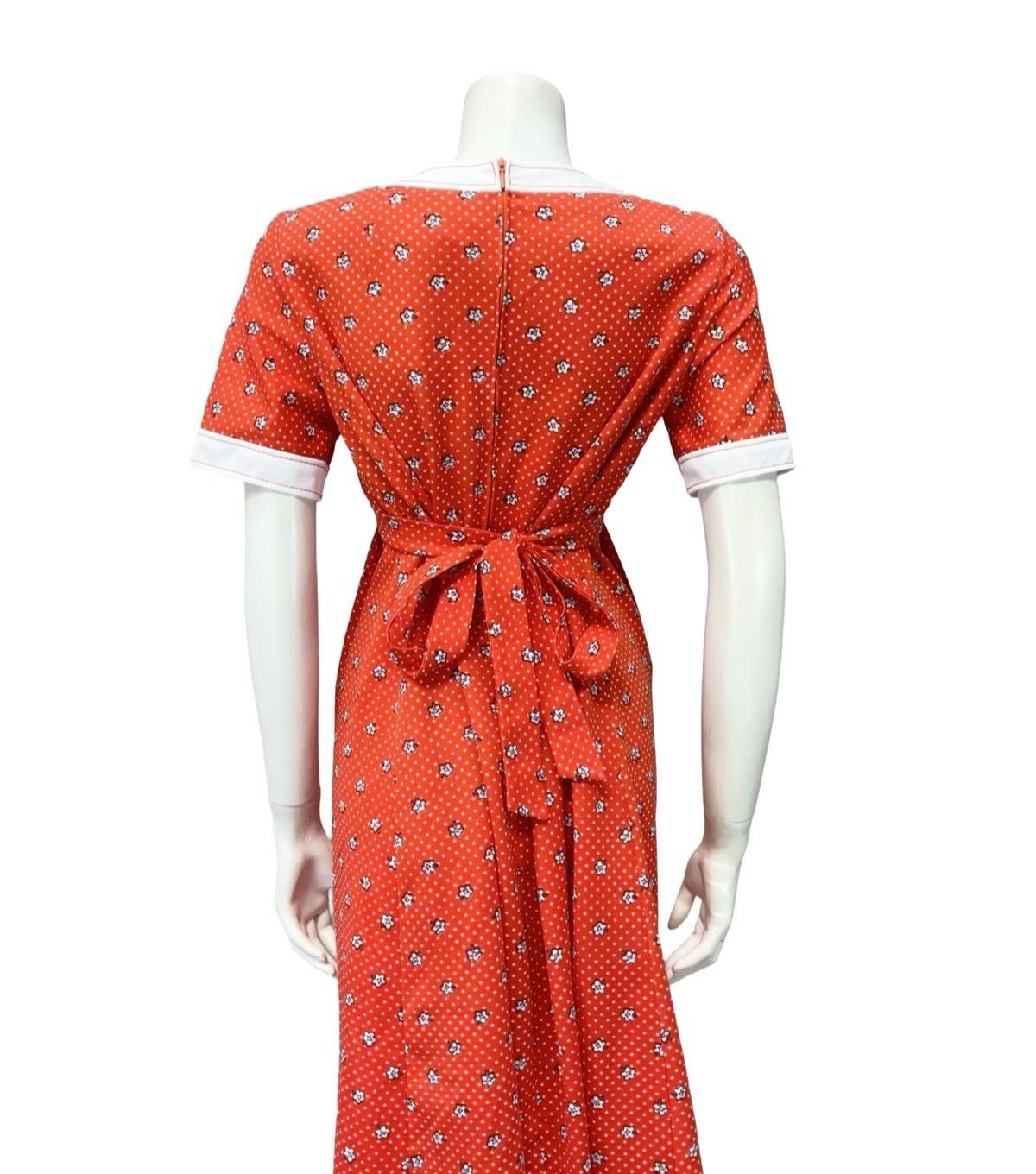 VTG 70S RED WHITE EMPIRE SQUARE NECK DAISY POLKA DOT RIC RAC DRESS 14