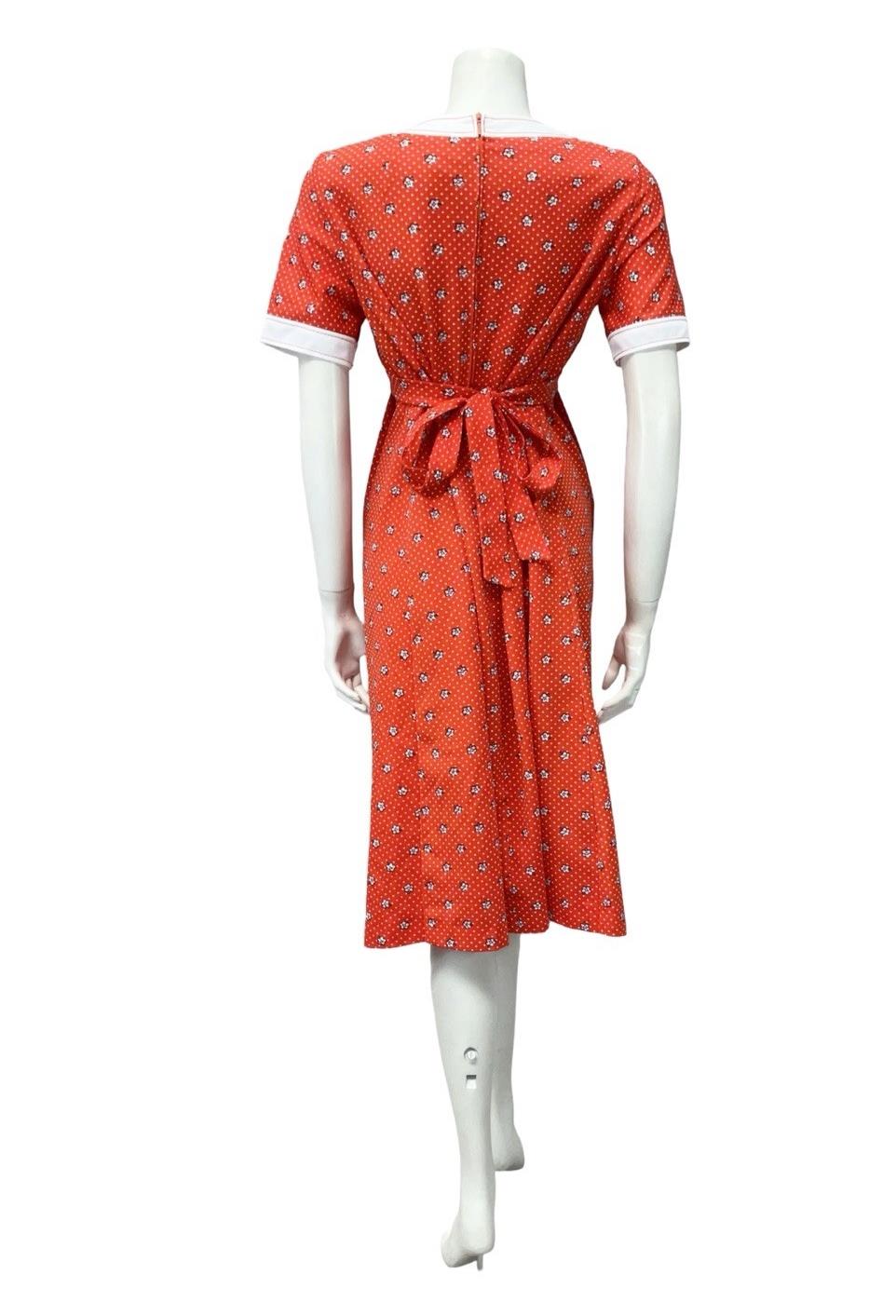 VTG 70S RED WHITE EMPIRE SQUARE NECK DAISY POLKA DOT RIC RAC DRESS 14