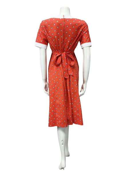 VTG 70S RED WHITE EMPIRE SQUARE NECK DAISY POLKA DOT RIC RAC DRESS 14