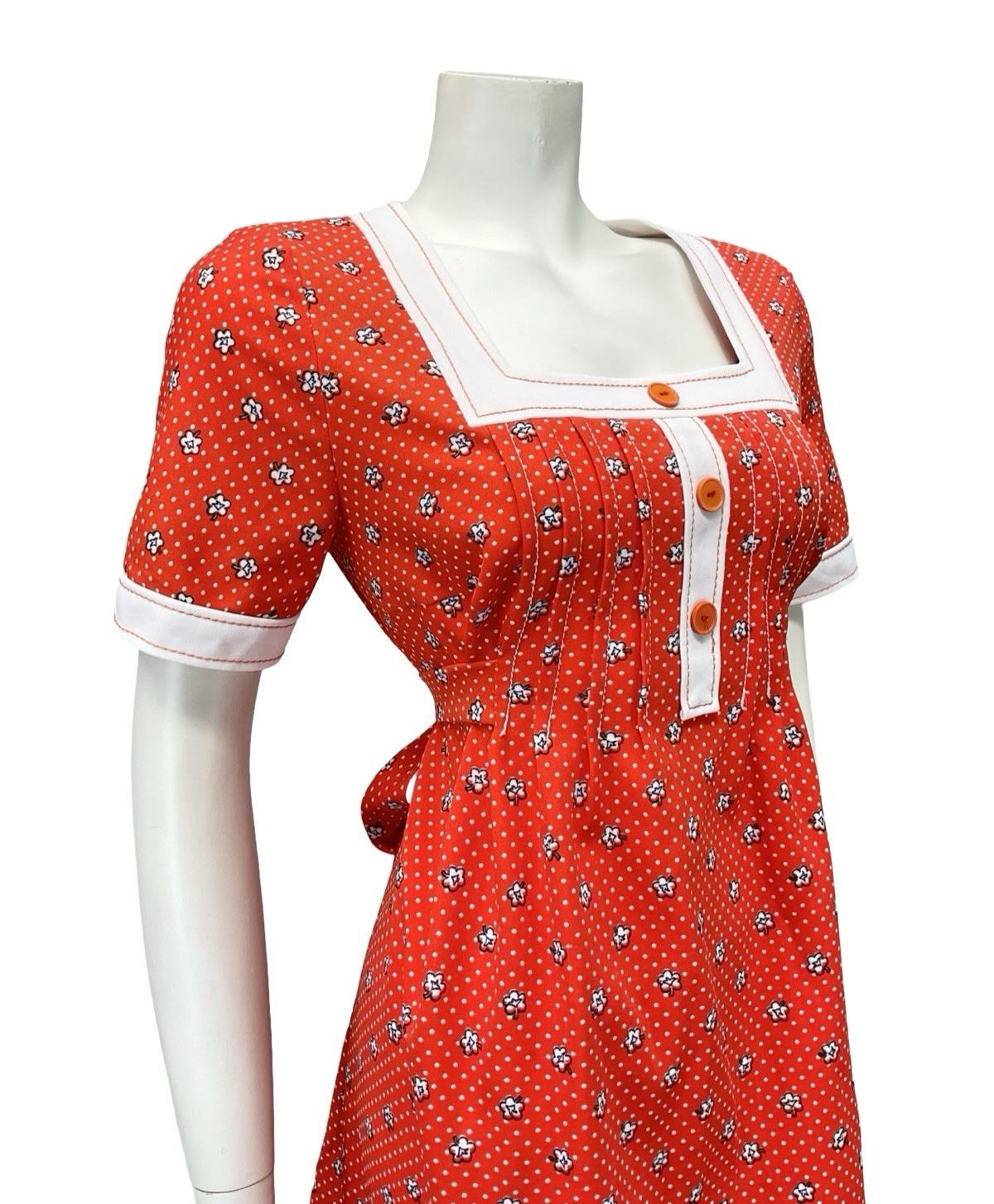 VTG 70S RED WHITE EMPIRE SQUARE NECK DAISY POLKA DOT RIC RAC DRESS 14