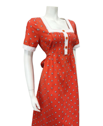 VTG 70S RED WHITE EMPIRE SQUARE NECK DAISY POLKA DOT RIC RAC DRESS 14