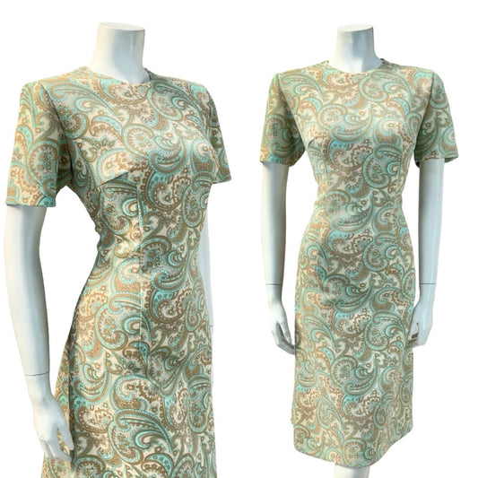 VTG 60S MOD PSYCHEDELIC PAISLEY SWIRL BEIGE GREEN BLUE BROWN PENCIL DRESS 14
