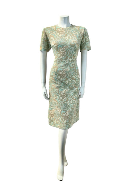 VTG 60S MOD PSYCHEDELIC PAISLEY SWIRL BEIGE GREEN BLUE BROWN PENCIL DRESS 14