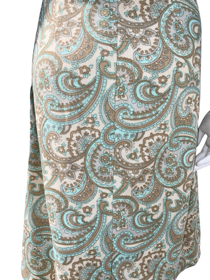 VTG 60S MOD PSYCHEDELIC PAISLEY SWIRL BEIGE GREEN BLUE BROWN PENCIL DRESS 14