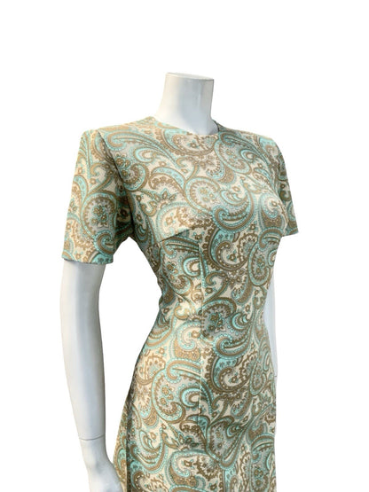 VTG 60S MOD PSYCHEDELIC PAISLEY SWIRL BEIGE GREEN BLUE BROWN PENCIL DRESS 14