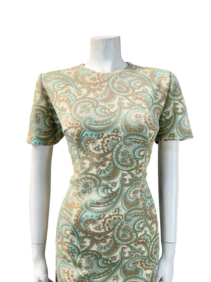 VTG 60S MOD PSYCHEDELIC PAISLEY SWIRL BEIGE GREEN BLUE BROWN PENCIL DRESS 14