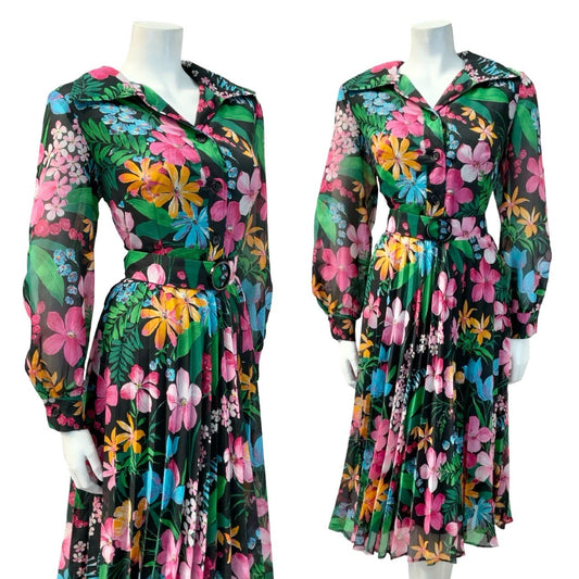 VTG 60S 70S BLACK PINK BLUE YELLOW OPEN COLLAR PLEATED SHIRT DRESS 10 12
