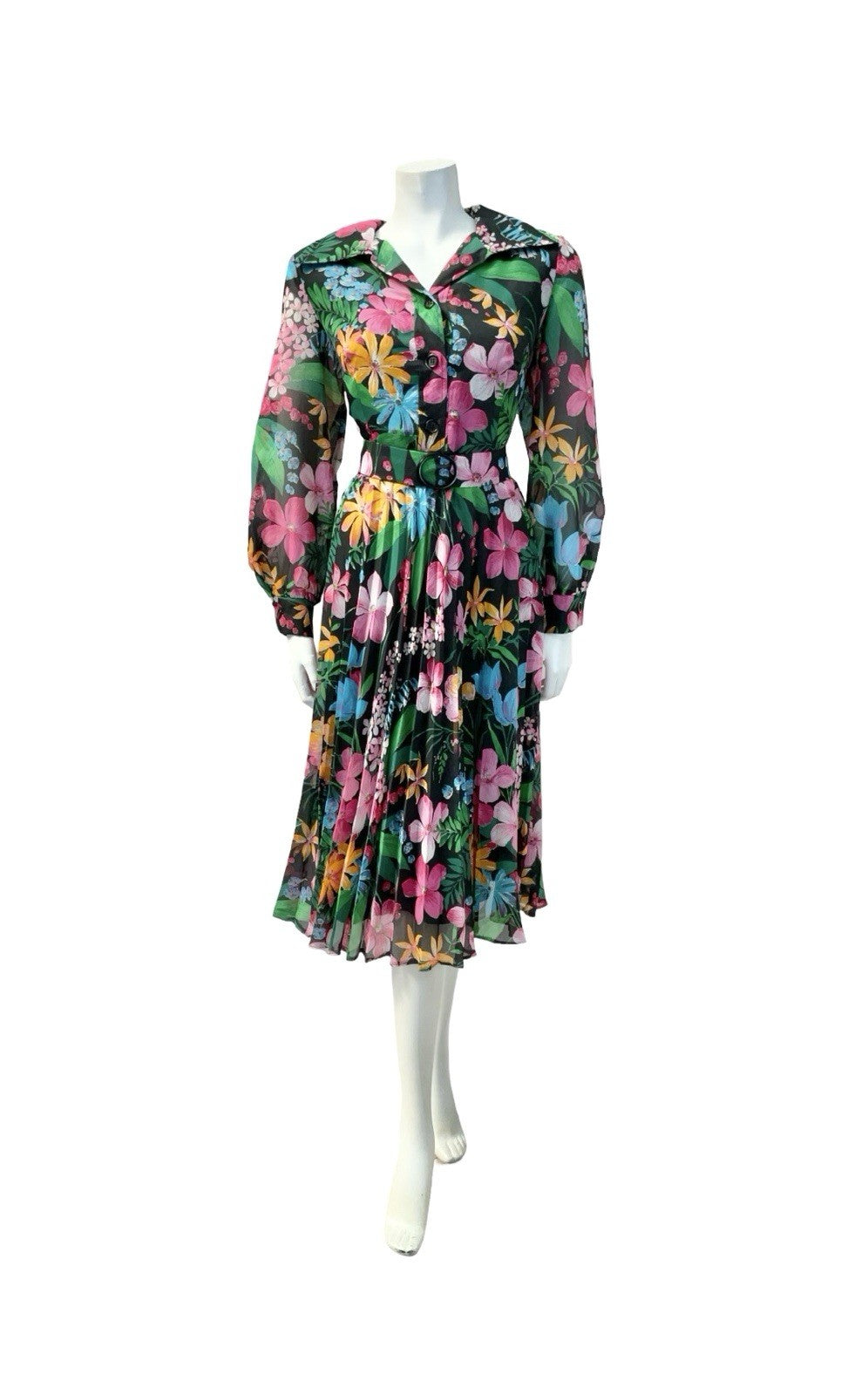 VTG 60S 70S BLACK PINK BLUE YELLOW OPEN COLLAR PLEATED SHIRT DRESS 10 12