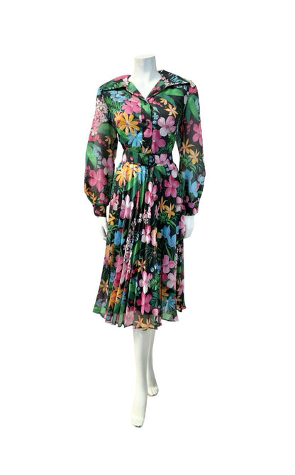 VTG 60S 70S BLACK PINK BLUE YELLOW OPEN COLLAR PLEATED SHIRT DRESS 10 12