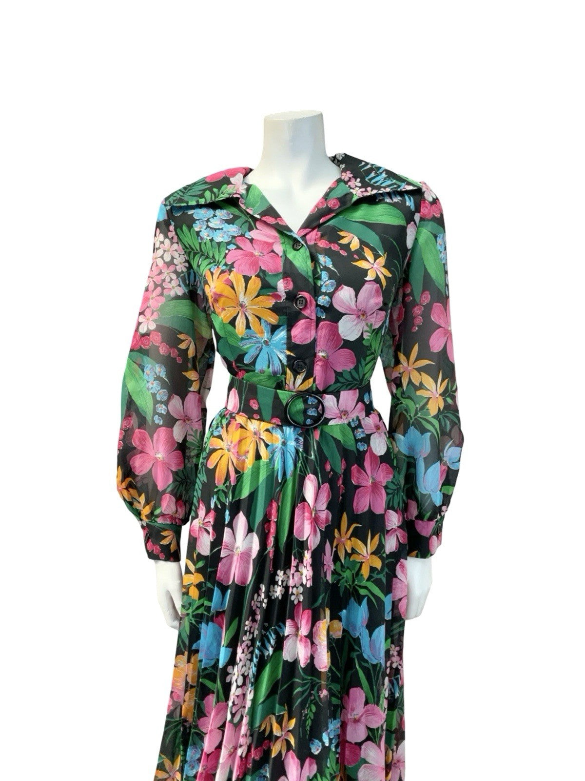 VTG 60S 70S BLACK PINK BLUE YELLOW OPEN COLLAR PLEATED SHIRT DRESS 10 12