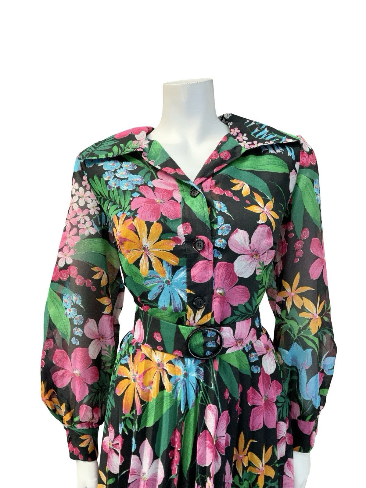 VTG 60S 70S BLACK PINK BLUE YELLOW OPEN COLLAR PLEATED SHIRT DRESS 10 12